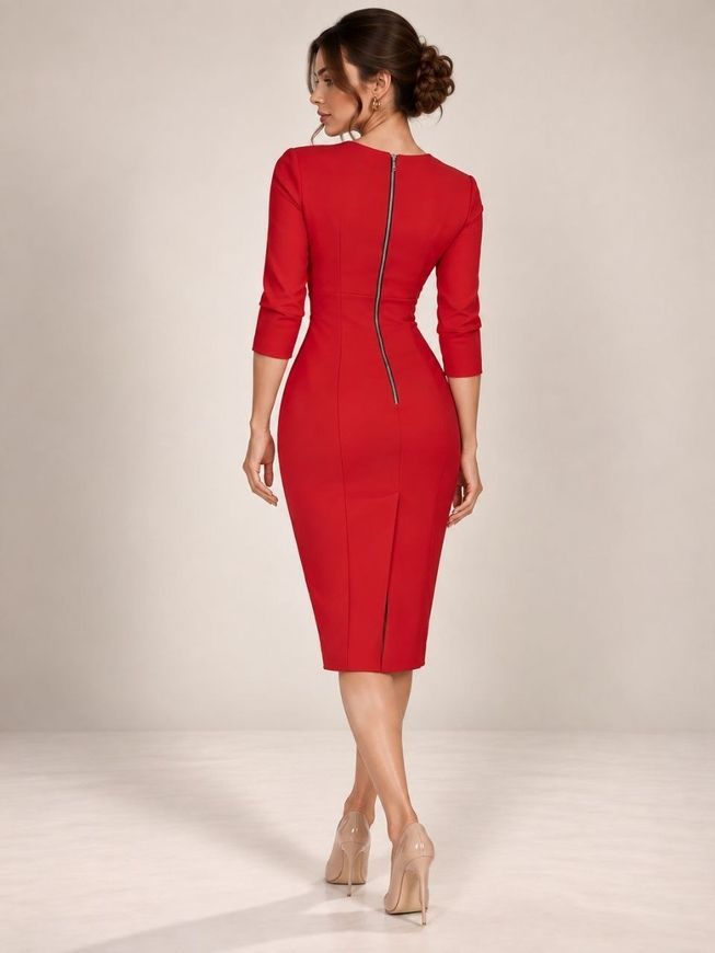 Classic dress - sheath Jill from BYURSE, 46, Red, Crepe, Midi, Оff-season, Office dress, Cloth, plain, Dress, 1 kg, Yes, Ukraine, 95% viscose, 5% elastane, Sleeve 3/4, plain, tight-fitting, With a zipper, square neckline, Business, Dresses - case
