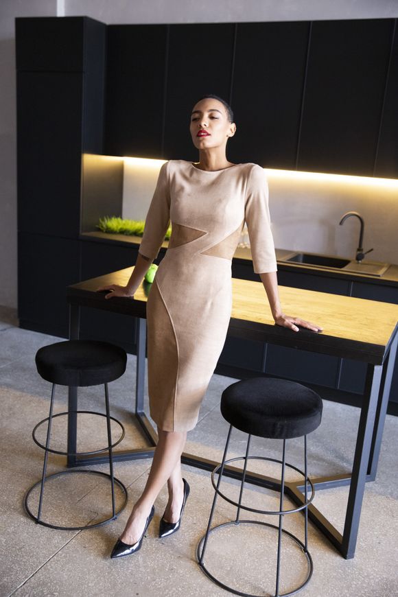 Beige dress - case Renata suede from BYURSE, Beige, Textile suede, Midi, Аutumn winter, Office dress, Cloth, Combined, Dress, 1 kg, Yes, Ukraine, Текстильный замш, Sleeve 3/4, Two-tone models, tight-fitting, With a zipper, Round neckline, Classical, Dresses - case, With a zipper