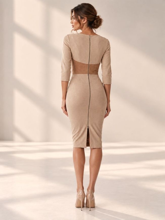 Beige dress - case Renata suede from BYURSE, 42, Beige, Textile suede, Midi, Аutumn winter, Office dress, Cloth, Combined, Dress, 1 kg, Yes, Ukraine, Текстильный замш, Sleeve 3/4, Two-tone models, tight-fitting, With a zipper, Round neckline, Classical, Dresses - case, With a zipper