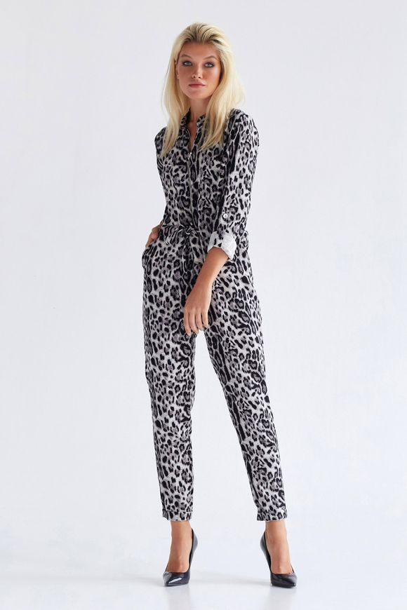 Women's long-sleeved leopard jumpsuit Smart casual from BYURSE, Black and white, Crepe, Maxi, Оff-season, Overalls, Cloth, Аnimalistic, Overalls, 1 kg, Yes, Ukraine, 95% viscose, 5% elastane, Long sleeve, Printed, oversize, With a zipper, Casual, jumpsuit pants, With pockets