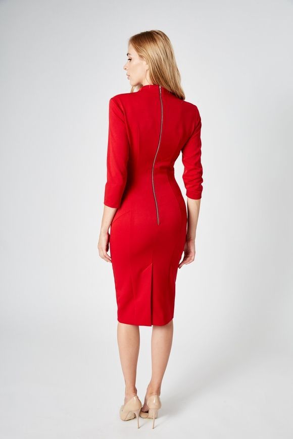 Classic, red dress - case Rachel by BYURSE, 48, Red, Costume fabric, Midi, Аutumn winter, Cocktail Dresses, Cloth, plain, Dress, 1 kg, Yes, Ukraine, 95% wool, 5% elastan, Sleeve 3/4, plain, tight-fitting, With a zipper, Asymmetrical cut, Business, Dresses - case, With a zipper