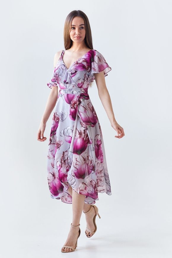 Летнее, ассиметричное платье Джуди из шелка BYURSE, 40, Светло - серый, Шелк шифон, Миди, Весна-лето, Сарафан, Одежда, Цветочный, Платье, 1кг., Да, Украина, 95% шелк, 5% еластан, Без рукава, С воланами, Расклешённые, На молнии, V образный вырез, Романтический, Платья на запах, С разрезом