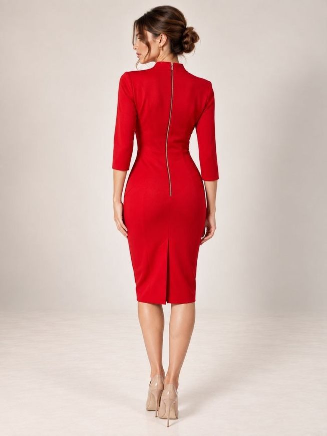 Classic, red dress - case Rachel by BYURSE, Red, Costume fabric, Midi, Аutumn winter, Office dress, Cloth, plain, Dress, 1 kg, Yes, Ukraine, 95% wool, 5% elastan, Sleeve 3/4, plain, tight-fitting, With a zipper, Asymmetrical cut, Business, Dresses - case, With a zipper