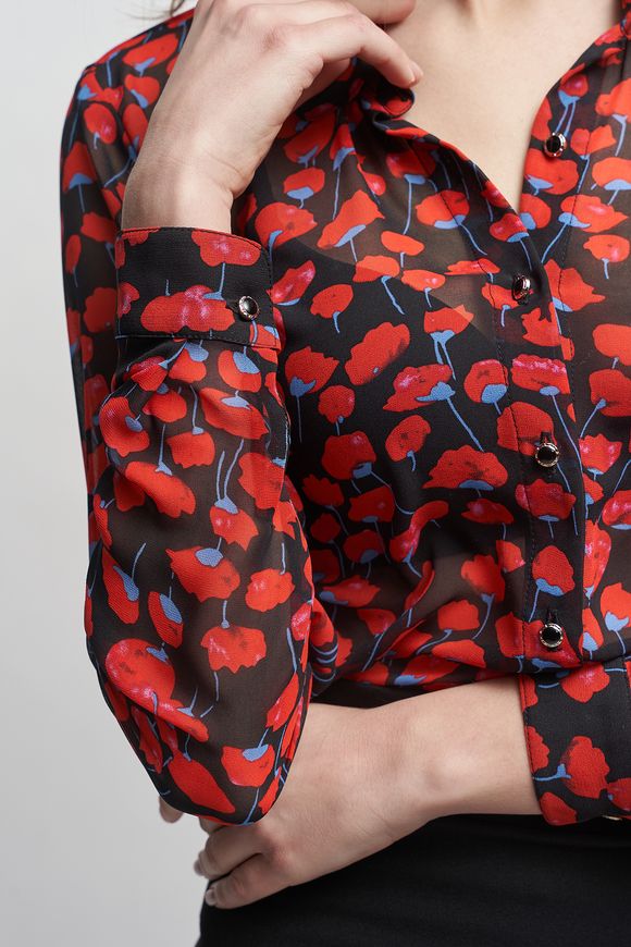 Women's silk shirt in floral print from BYURSE, Red, Silk chiffon, Оff-season, Shirt, Cloth, Floral, Blouses/tops, 1 kg, Yes, Ukraine, 95% silk, 5% elastane, Long sleeve, Printed, oversize, Buttoned, Round neckline, Business, With a collar