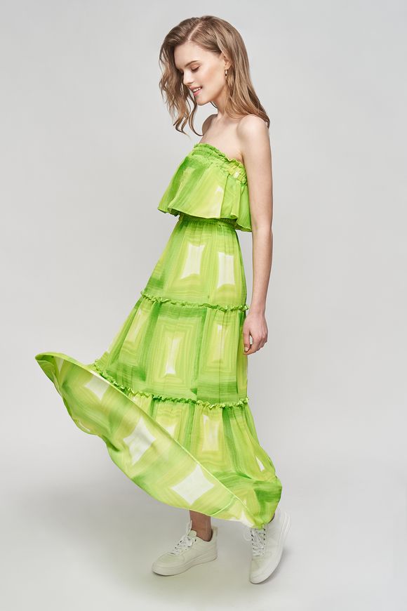 Summer, long dress from chiffon Allegra from BYURSE, Green, Silk chiffon, Maxi, Spring Summer, Casual, Cloth, Abstract, Dress, 1 kg, Yes, Ukraine, 95% silk, 5% elastane, Sleeveless, with ruffles, off the shoulder, On an elastic band, Asymmetrical cut, Casual, Dress with full skirt