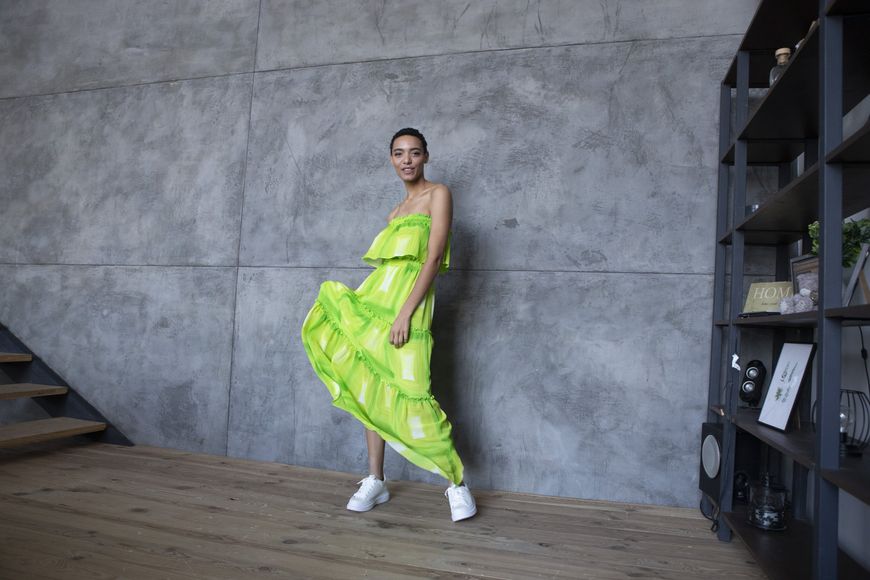 Summer, long dress from chiffon Allegra from BYURSE, Green, Silk chiffon, Maxi, Spring Summer, Casual, Cloth, Abstract, Dress, 1 kg, Yes, Ukraine, 95% silk, 5% elastane, Sleeveless, with ruffles, off the shoulder, On an elastic band, Asymmetrical cut, Casual, Dress with full skirt