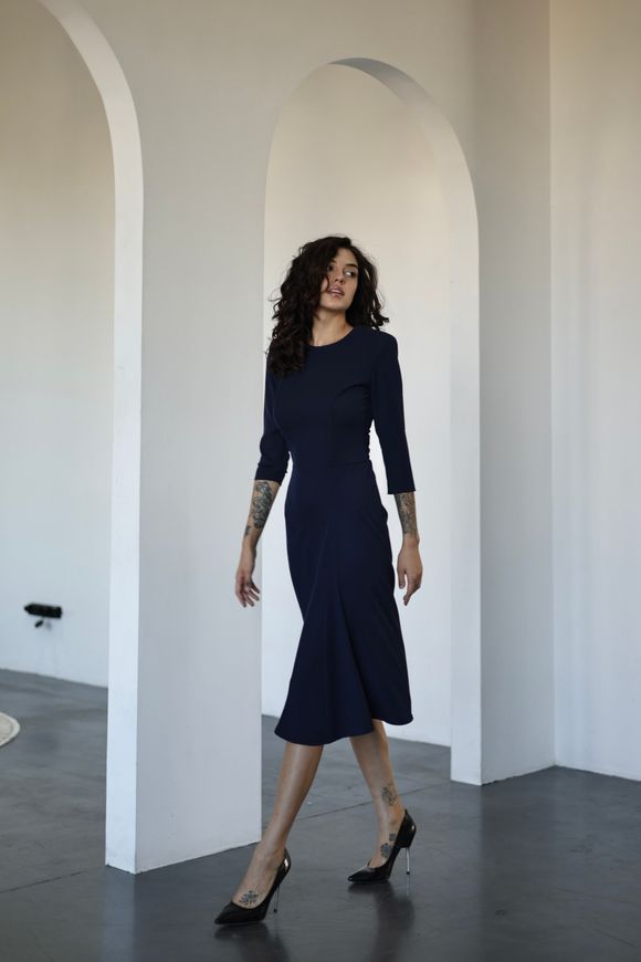 Dress Dominique dark blue, Blue, Dress fabric, Midi, Оff-season, Dresses, Cloth, plain, Dress, 1 kg, Yes, Ukraine, Sleeve 3/4, plain, Fitted, With a zipper, Round neckline, Business, Dresses - case