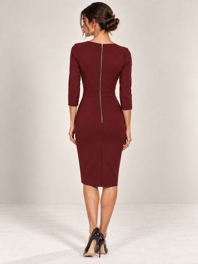 Business dress - sheath in Marsala color Ornella from BYURSE, Marsala, Costume fabric, Midi, Аutumn winter, Office dress, Cloth, plain, Dress, 1 kg, Yes, Ukraine, 95% wool, 5% elastan, Sleeve 3/4, plain, tight-fitting, With a zipper, V-neck, Classical, Dresses - case, Raglan sleeve