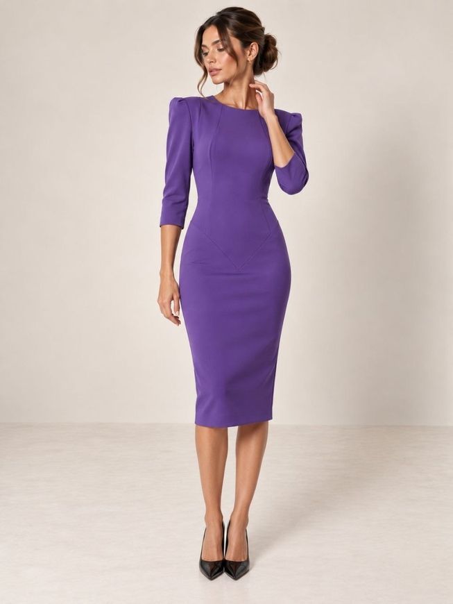 Sheath dress with sleeve Valerie BYURSE, Lilac, Crepe, Midi, Оff-season, Office dress, Cloth, plain, Dress, 1 kg, Yes, Ukraine, 95% viscose, 5% elastane, Sleeve 3/4, plain, tight-fitting, With a zipper, Round neckline, Classical, Dresses - case, Sleeves lanterns