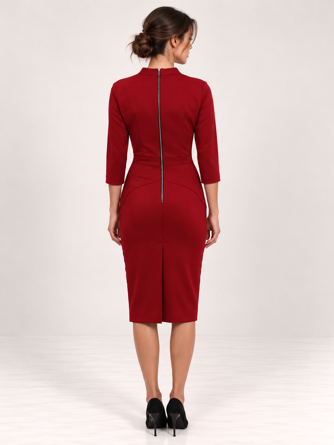 Dress - case Vanessa, 42, Carmine, Costume fabric, Midi, Аutumn winter, Dresses, Cloth, plain, Dress, 1 kg, Yes, Ukraine, 95% wool, 5% elastan, Sleeve 3/4, Fitted, With a zipper, V-neck, Business, Dresses - case