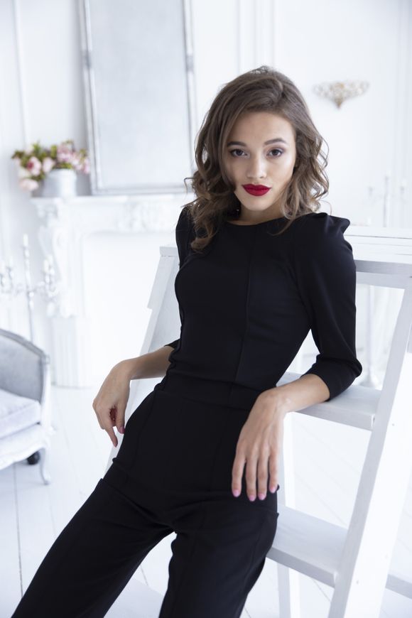 Women's classic black wool jumpsuit from BYURSE, The black, Crepe, Maxi, Аutumn winter, Overalls, Cloth, plain, Overalls, 1 kg, Yes, Ukraine, 95% wool, 5% elastan, Sleeve 3/4, plain, high waist, With a zipper, Round neckline, Business, jumpsuit pants