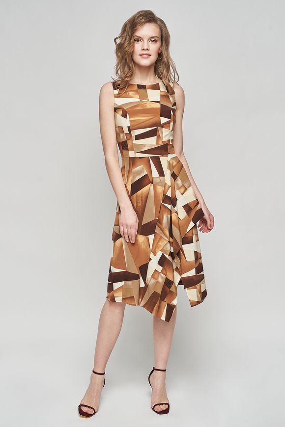 Summer dress Yuna BYURSE, Brown, Dress fabric, Midi, Spring Summer, Office dress, Cloth, Abstract, Dress, 1 kg, Yes, Ukraine, 95% viscose, 5% elastane, Sleeveless, With flounces, flared, With a zipper, Boat neckline, Business, Dress with full skirt, With a slit