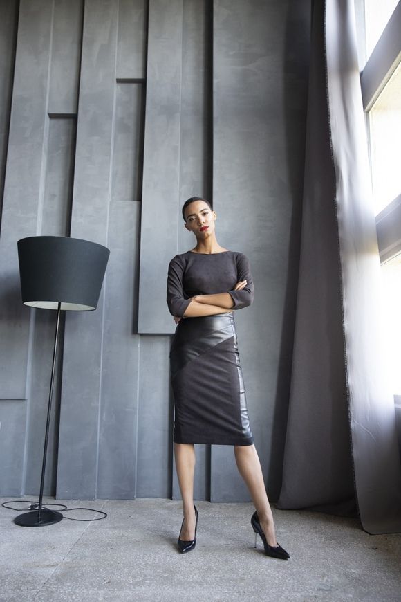 Asymmetric, black dress - Whitney sheath by BYURSE, The black, Textile suede, Midi, Аutumn winter, Office dress, Cloth, plain, Dress, 1 kg, Yes, Ukraine, Текстильный замш, Sleeve 3/4, Two-tone models, tight-fitting, With a zipper, Boat neckline, Classical, Dresses - case, With a zipper