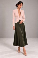 Silk midi skirt in khaki, Khaki, Silk, Midi, Оff-season, Skirts, Cloth, plain, Skirt, 0,5 kg, Yes, Ukraine, 95% silk, 5% elastane, With a zipper, Classical, Trapeze