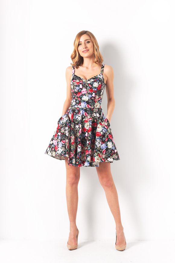 Summer, day dress made of cotton Naomi from BYURSE, 44, The black, Cotton, Міni, Spring Summer, Sundress, Cloth, Floral, Dress, 1 kg, Yes, Ukraine, 95% cotton, 5% elastan, Sleeveless, Printed, flared, With a zipper, Shoulder straps, Casual, Dress with full skirt