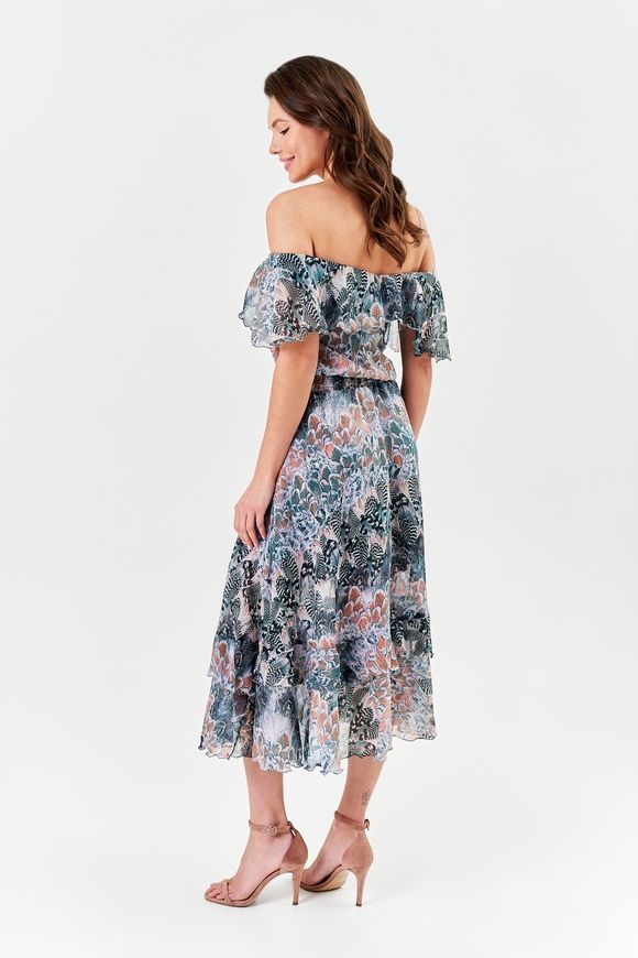 Silk Dress Bethany by BYURSE, Print, Silk chiffon, Midi, Spring Summer, Dresses, Cloth, Аnimalistic, Dress, 0,5 kg, Yes, Ukraine, 95% silk, 5% elastane, Sleeveless, With flounces, flared, On an elastic band, Bustier, Romantic, Dress with full skirt