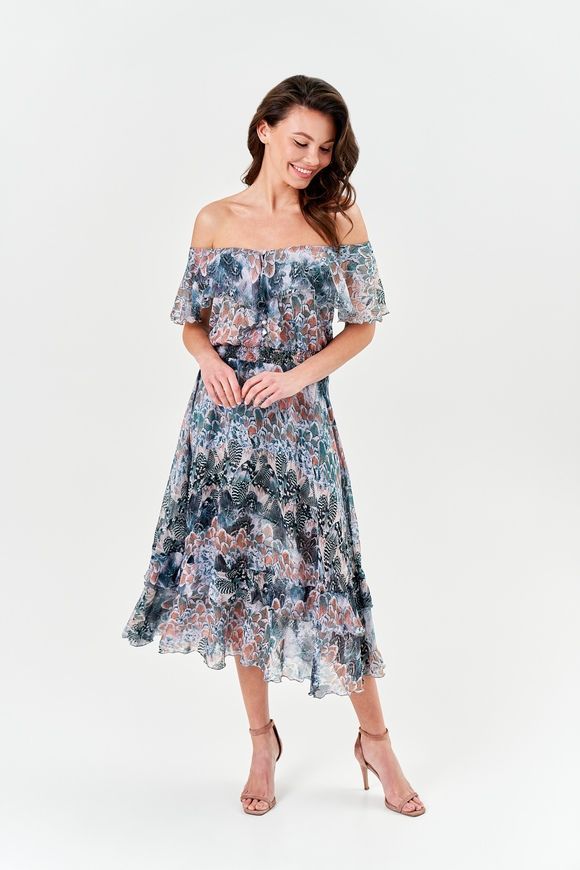 Silk Dress Bethany by BYURSE, Print, Silk chiffon, Midi, Spring Summer, Dresses, Cloth, Аnimalistic, Dress, 0,5 kg, Yes, Ukraine, 95% silk, 5% elastane, Sleeveless, With flounces, flared, On an elastic band, Bustier, Romantic, Dress with full skirt