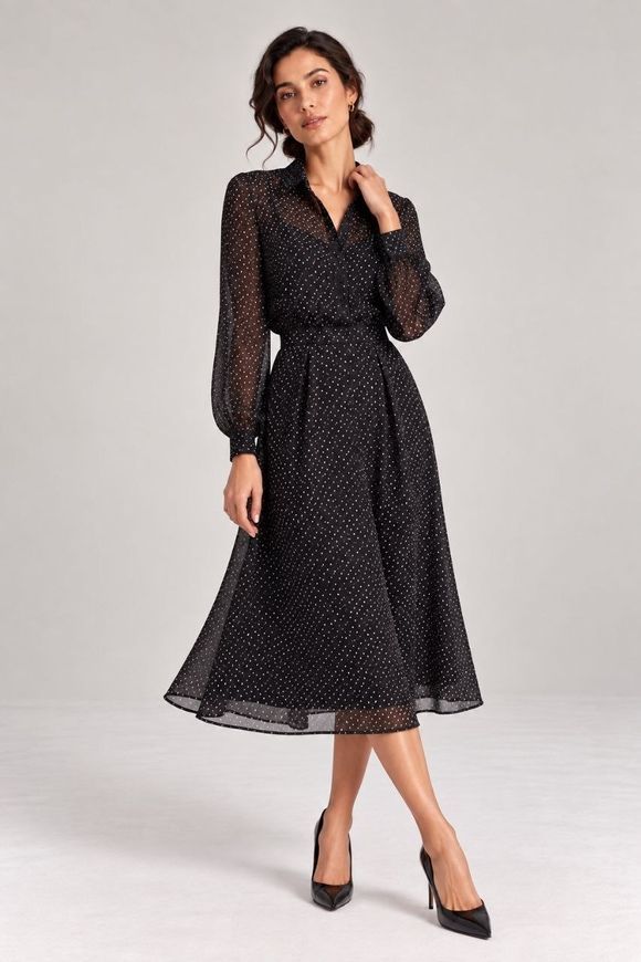 Classic, silk Nancy dress from BYURSE, Black and white, Silk chiffon, Midi, Оff-season, Office dress, Cloth, Polka dots, Dress, 1 kg, Yes, Ukraine, 95% silk, 5% elastane, Sleeve 3/4, In peas, flared, With a zipper, Round neckline, Business, Dresses - shirts