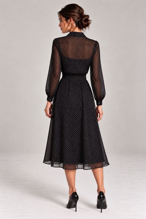 Classic, silk Nancy dress from BYURSE, Black and white, Silk chiffon, Midi, Оff-season, Office dress, Cloth, Polka dots, Dress, 1 kg, Yes, Ukraine, 95% silk, 5% elastane, Sleeve 3/4, In peas, flared, With a zipper, Round neckline, Business, Dresses - shirts