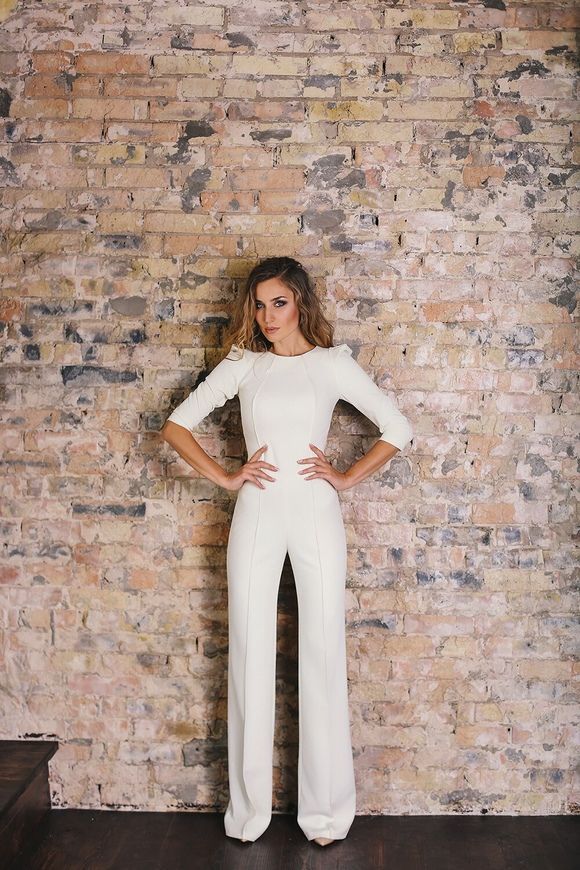 Cocktail, white jumpsuit from BYURSE, 42, White, Crepe, Maxi, Аutumn winter, Overalls, Cloth, plain, Overalls, 1 kg, Yes, Ukraine, 95% wool, 5% elastan, Sleeve 3/4, plain, Fitted, With a zipper, Round neckline, cocktail, jumpsuit pants