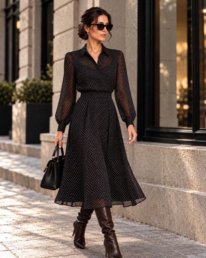 Classic, silk Nancy dress from BYURSE, Black and white, Silk chiffon, Midi, Оff-season, Office dress, Cloth, Polka dots, Dress, 1 kg, Yes, Ukraine, 95% silk, 5% elastane, Sleeve 3/4, In peas, flared, With a zipper, Round neckline, Business, Dresses - shirts