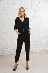 Silk, black long sleeve jumpsuit Smart casual by BYURSE, 42, The black, Dress fabric, Maxi, Оff-season, Overalls, Cloth, plain, Overalls, 1 kg, Yes, Ukraine, 95% silk, 5% elastane, Long sleeve, plain, oversize, Buttoned, Casual, jumpsuit pants, With pockets