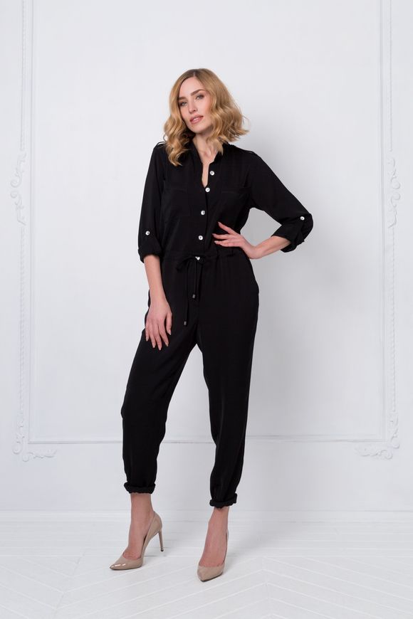 Silk, black long sleeve jumpsuit Smart casual by BYURSE, The black, Dress fabric, Maxi, Оff-season, Overalls, Cloth, plain, Overalls, 1 kg, Yes, Ukraine, 95% silk, 5% elastane, Long sleeve, With strings, oversize, Buttoned, Casual, jumpsuit pants, With pockets