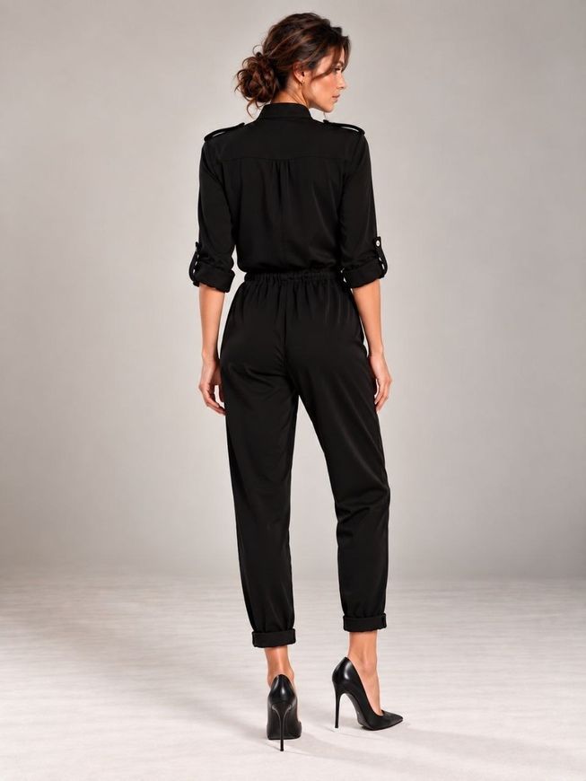 Silk, black long sleeve jumpsuit Smart casual by BYURSE, 42, The black, Dress fabric, Maxi, Оff-season, Overalls, Cloth, plain, Overalls, 1 kg, Yes, Ukraine, 95% silk, 5% elastane, Long sleeve, plain, oversize, Buttoned, Casual, jumpsuit pants, With pockets