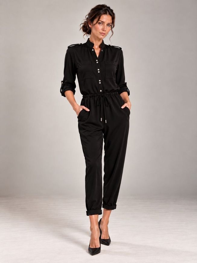 Silk, black long sleeve jumpsuit Smart casual by BYURSE, 42, The black, Dress fabric, Maxi, Оff-season, Overalls, Cloth, plain, Overalls, 1 kg, Yes, Ukraine, 95% silk, 5% elastane, Long sleeve, plain, oversize, Buttoned, Casual, jumpsuit pants, With pockets