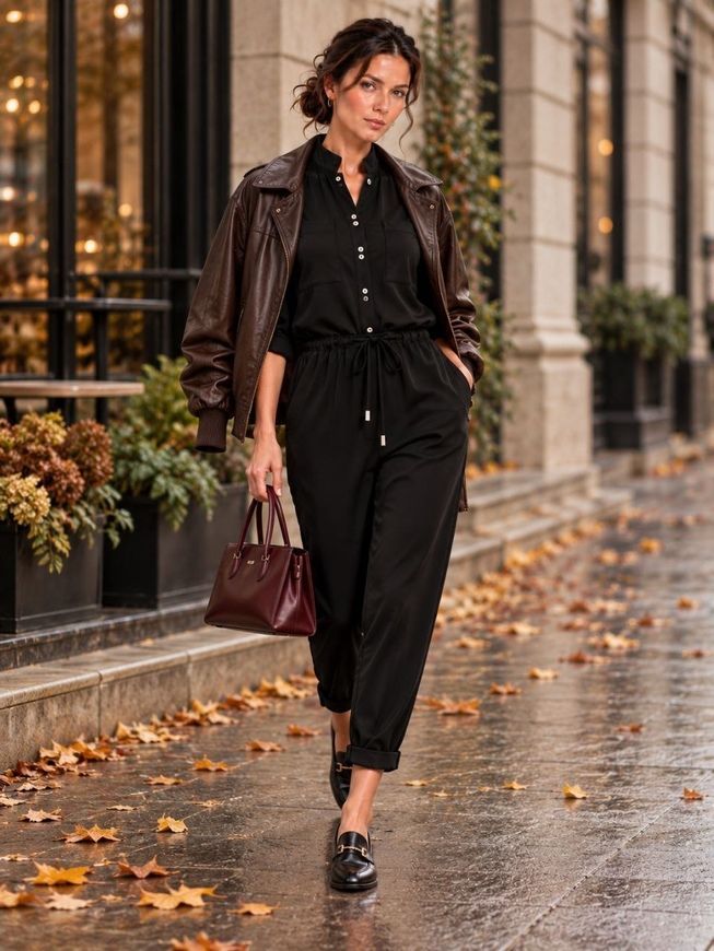 Silk, black long sleeve jumpsuit Smart casual by BYURSE, 42, The black, Dress fabric, Maxi, Оff-season, Overalls, Cloth, plain, Overalls, 1 kg, Yes, Ukraine, 95% silk, 5% elastane, Long sleeve, plain, oversize, Buttoned, Casual, jumpsuit pants, With pockets