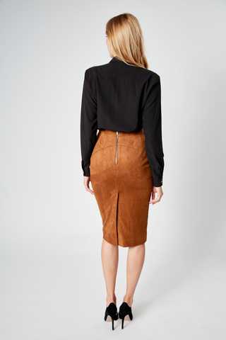 T Tahari Pull On Faux Suede Patch Pocket Brown Pencil Skirt S wwwfrozitin