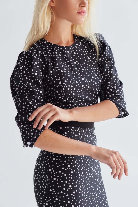 Beautiful dress - case with a sleeve Karen from BYURSE, Black and white, Dress fabric, Midi, Оff-season, Casual, Cloth, Polka dots, Dress, 1 kg, Yes, Ukraine, 95% viscose, 5% elastane, Sleeve 3/4, In peas, tight-fitting, With a zipper, Round neckline, Classical, Dresses - case, With a zipper
