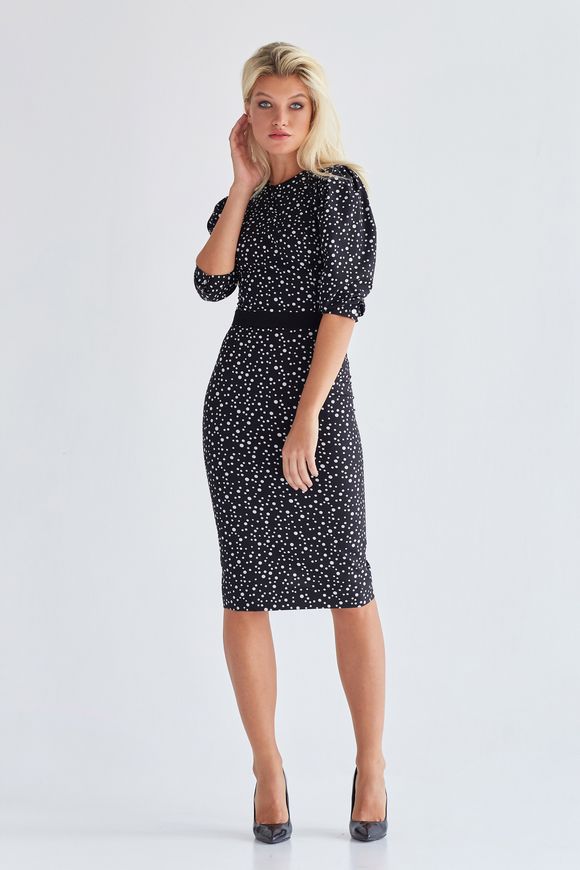 Beautiful dress - case with a sleeve Karen from BYURSE, Black and white, Dress fabric, Midi, Оff-season, Casual, Cloth, Polka dots, Dress, 1 kg, Yes, Ukraine, 95% viscose, 5% elastane, Sleeve 3/4, In peas, tight-fitting, With a zipper, Round neckline, Classical, Dresses - case, With a zipper