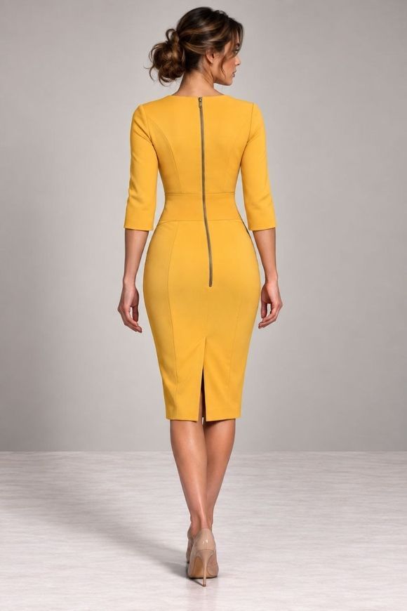 Dress - case Frida from BYURSE, Mustard, Crepe, Midi, Оff-season, Office dress, Cloth, plain, Dress, 1 kg, Yes, Ukraine, 95% viscose, 5% elastane, Sleeve 3/4, plain, Fitted, With a zipper, V-neck, Business, Dresses - case