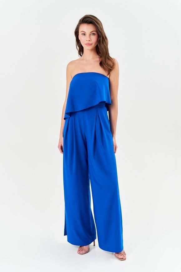 Summer jumpsuit Palazzo by BYURSE, Blue electrician, Dress fabric, Maxi, Spring Summer, Overalls, Cloth, plain, Overalls, 1 kg, Yes, Ukraine, 95% viscose, 5% elastane, Sleeveless, with ruffles, off the shoulder, With a zipper, Bustier, Casual, jumpsuit pants