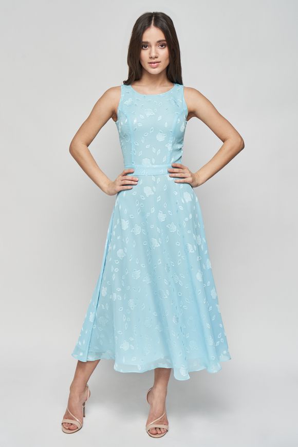 Summer blue Wendy silk dress from BYURSE, Blue, Silk chiffon, Midi, Spring Summer, Cocktail Dresses, Cloth, Floral, Dress, 1 kg, Yes, Ukraine, 95% silk, 5% elastane, Sleeveless, With embroidery, flared, With a zipper, Round neckline, cocktail, Dress with full skirt