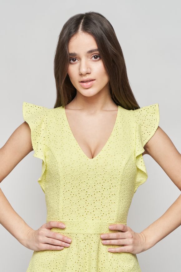 Summer, yellow dress from Rene seam from BYURSE, Yellow, Proshva, Міni, Spring Summer, Casual, Cloth, plain, Dress, 1 kg, Yes, Ukraine, 95% cotton, 5% elastan, Sleeveless, With flounces, flared, With a zipper, V-neck, Casual, Dress with full skirt
