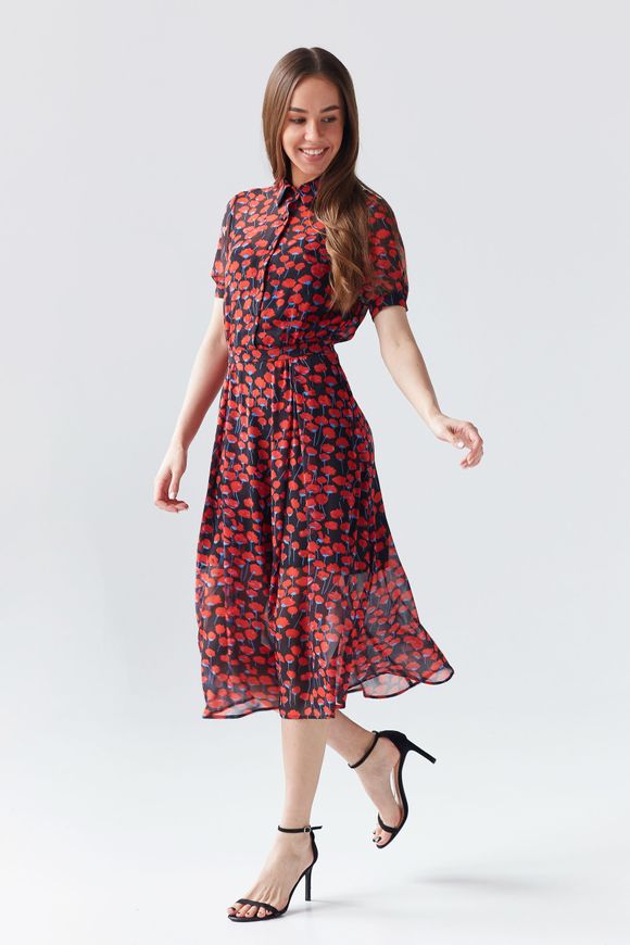 Summer dress Nancy made of chiffon BYURSE, Red - black, Silk chiffon, Midi, Spring Summer, Casual, Cloth, Floral, Dress, 1 kg, Yes, Ukraine, 95% silk, 5% elastane, Short sleeve, Printed, flared, With a zipper, Round neckline, Romantic, Dresses - trapeze, With a collar, Sleeves lanterns