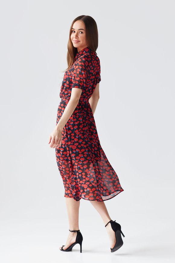 Summer dress Nancy made of chiffon BYURSE, Red - black, Silk chiffon, Midi, Spring Summer, Casual, Cloth, Floral, Dress, 1 kg, Yes, Ukraine, 95% silk, 5% elastane, Short sleeve, Printed, flared, With a zipper, Round neckline, Romantic, Dresses - trapeze, With a collar, Sleeves lanterns