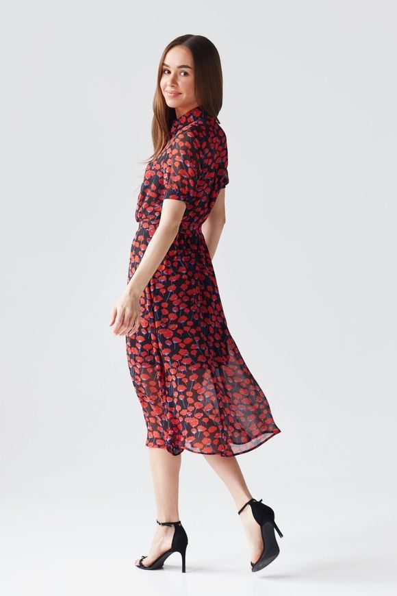 Summer dress Nancy made of chiffon BYURSE, 48, Red - black, Silk chiffon, Midi, Spring Summer, Office dress, Cloth, Floral, Dress, 1 kg, Yes, Ukraine, 95% silk, 5% elastane, Short sleeve, Printed, flared, With a zipper, Round neckline, Romantic, Pencil skirt, With a collar