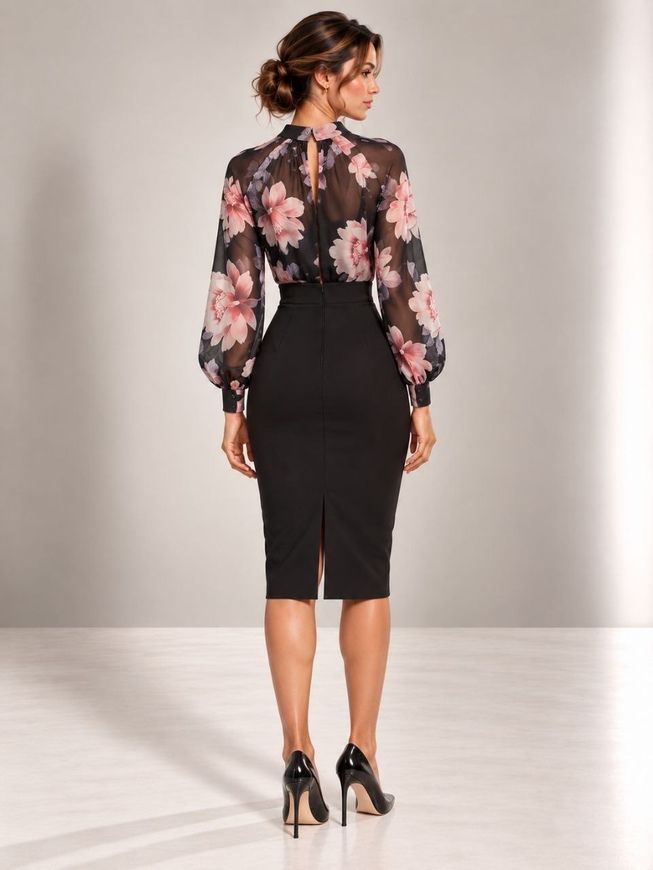 Classic midi dress Stephanie from BYURSE, The black, Crepe, Midi, Оff-season, Office dress, Cloth, Combined, Dress, 1 kg, Yes, Ukraine, 95% viscose, 5% elastane, Long sleeve, Printed, tight-fitting, With a zipper, Round neckline, Classical, Dresses - case, With a collar