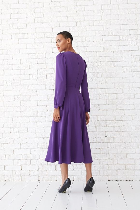 Classic long sleeve dress Solomiya from BYURSE, 50, Lilac, Dress fabric, Midi, Оff-season, Cocktail Dresses, Cloth, plain, Dress, 1 kg, Yes, Ukraine, 95% viscose, 5% elastane, Long sleeve, plain, flared, With a zipper, V-neck, Business, Dress with full skirt, Wide sleeves
