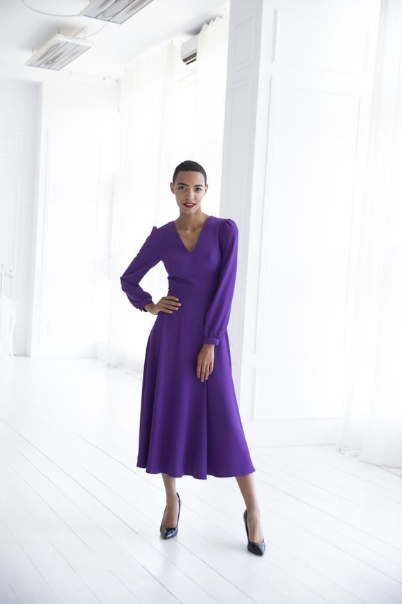 Classic long sleeve dress Solomiya from BYURSE, 50, Lilac, Dress fabric, Midi, Оff-season, Cocktail Dresses, Cloth, plain, Dress, 1 kg, Yes, Ukraine, 95% viscose, 5% elastane, Long sleeve, plain, flared, With a zipper, V-neck, Business, Dress with full skirt, Wide sleeves
