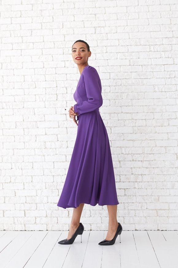 Classic long sleeve dress Solomiya from BYURSE, 50, Lilac, Dress fabric, Midi, Оff-season, Cocktail Dresses, Cloth, plain, Dress, 1 kg, Yes, Ukraine, 95% viscose, 5% elastane, Long sleeve, plain, flared, With a zipper, V-neck, Business, Dress with full skirt, Wide sleeves
