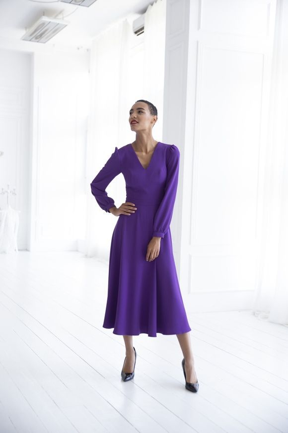 Classic long sleeve dress Solomiya from BYURSE, 50, Lilac, Dress fabric, Midi, Оff-season, Cocktail Dresses, Cloth, plain, Dress, 1 kg, Yes, Ukraine, 95% viscose, 5% elastane, Long sleeve, plain, flared, With a zipper, V-neck, Business, Dress with full skirt, Wide sleeves