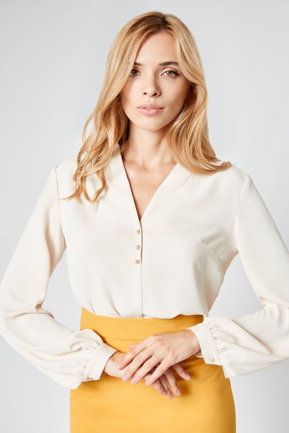 Classic silk blouse by BYURSE, 48, Lactic, Silk, Оff-season, Blouses, Cloth, plain, Blouses/tops, 1 kg, Yes, Ukraine, 95% silk, 5% elastane, Long sleeve, Buttons, oversize, Buttoned, V-neck, Business, cuffed