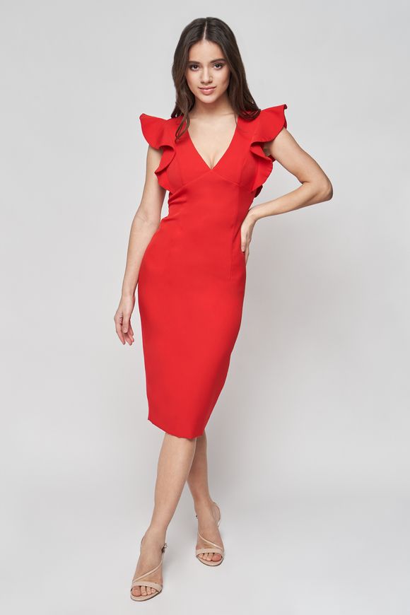 Cocktail red dress - sheath with Irene by BYURSE, Red, Crepe, Midi, Оff-season, Cocktail Dresses, Cloth, plain, Dress, 1 kg, Yes, Ukraine, 95% viscose, 5% elastane, Sleeveless, With flounces, tight-fitting, With a zipper, V-neck, cocktail, Dresses - case, With a zipper