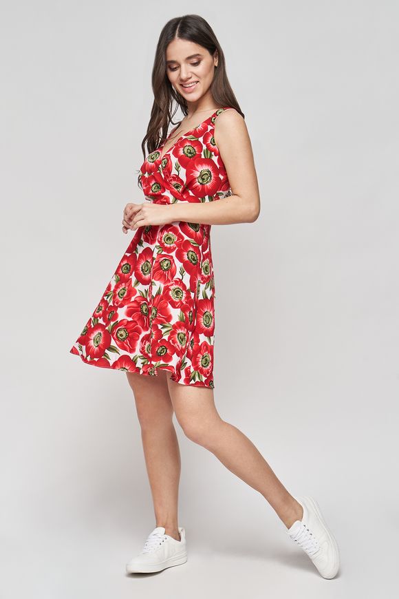 Summer, short dress Amelie from BYURSE, Red - white, Dress fabric, Міni, Spring Summer, Casual, Cloth, Floral, Dress, 1 kg, Yes, Ukraine, 95% viscose, 5% elastane, Sleeveless, Printed, flared, With a zipper, Shoulder straps, Casual, Wrap dresses