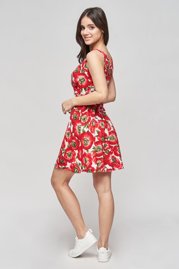 Summer, short dress Amelie from BYURSE, Red - white, Dress fabric, Міni, Spring Summer, Casual, Cloth, Floral, Dress, 1 kg, Yes, Ukraine, 95% viscose, 5% elastane, Sleeveless, Printed, flared, With a zipper, Shoulder straps, Casual, Wrap dresses
