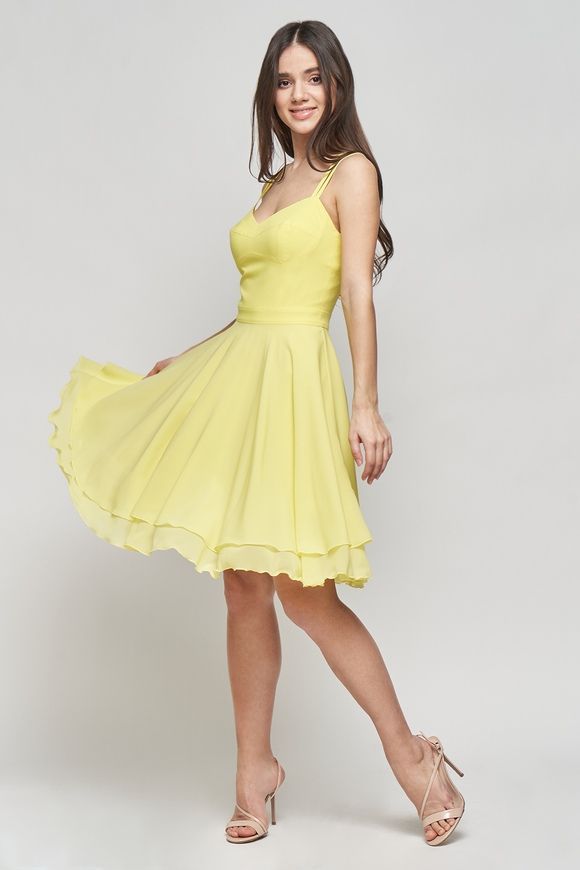 Summer, yellow dress Naomi from BYURSE, 46, Yellow, Dress fabric, Міni, Spring Summer, Sundress, Cloth, plain, Dress, 1 kg, Yes, Ukraine, 95% silk, 5% elastane, Sleeveless, Two-tone models, flared, With a zipper, Shoulder straps, cocktail, Dress with full skirt